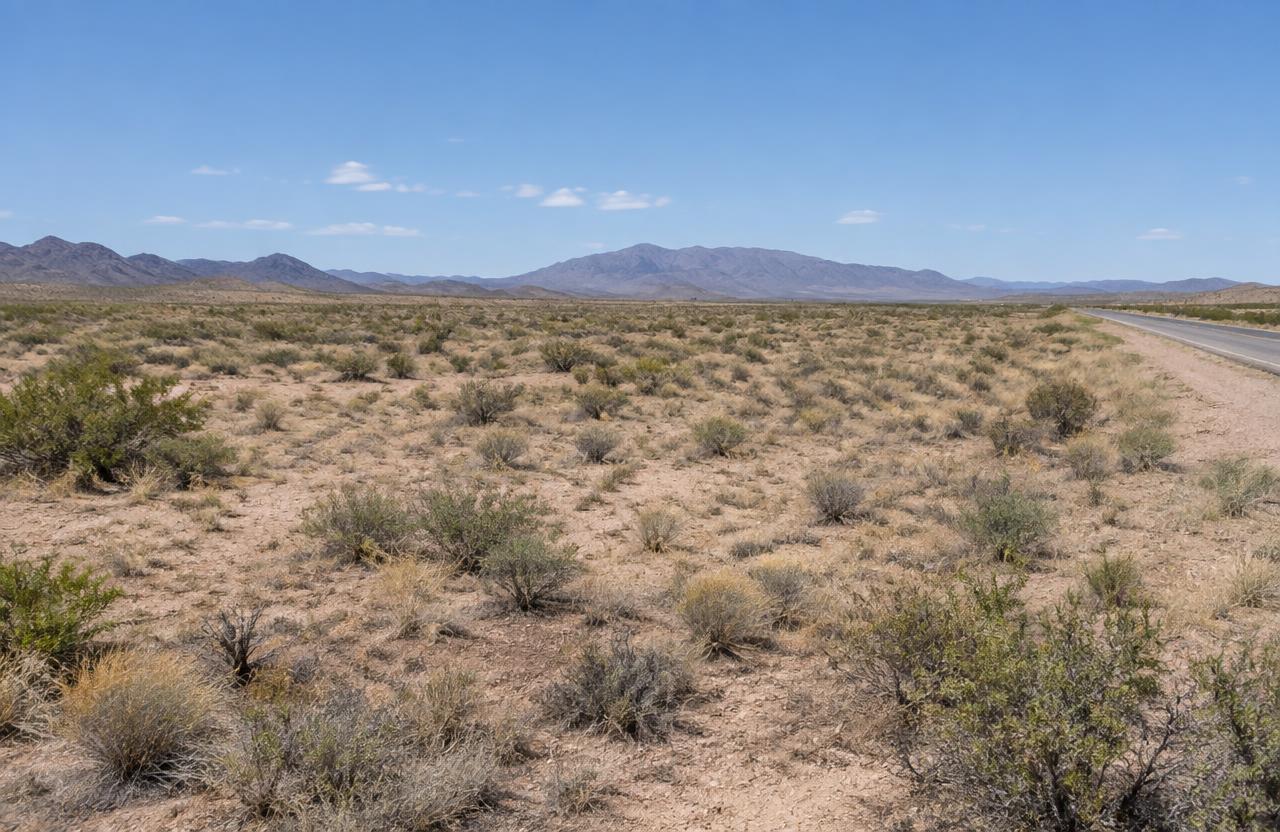 Arid vacant land with road frontage — AI-generated property illustration, not a verified local property